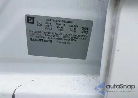 2014 Chevrolet Sonic Lt Auto z USA, uszkodzony, nr VIN 1G1JC5SH4E4242259